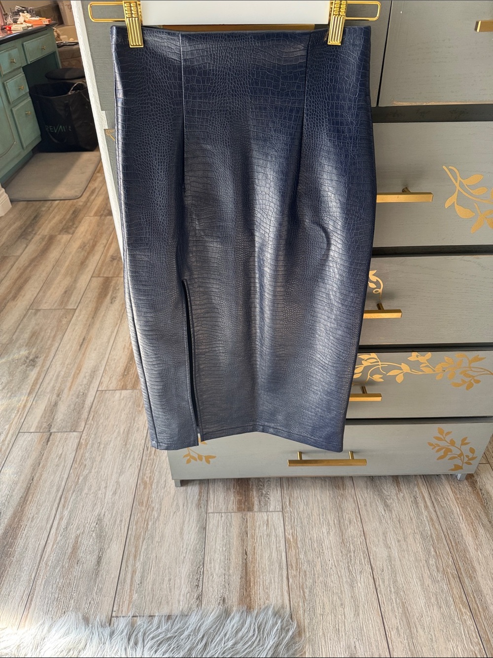 Topshop Navy Faux-Croc Pencil Skirt with Front Slit